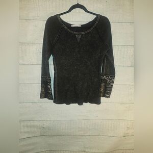 Black Thermal Knit Shirt Decorative Long Sleeves Able Size L
